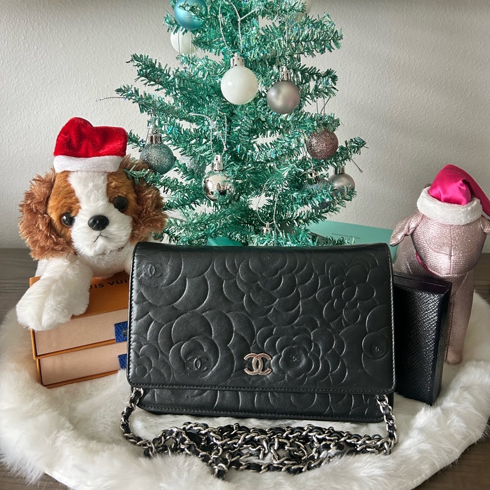 Chanel Camellia Embossed Wallet on Chain WOC Black